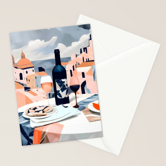 Lunch in Italy, Travel Italian Marble Abstract, Landscape Blush Indigo Texture, Wine Cheese Boho Food Table, Architecture Buildings Graphic Eclectic Painting Stationery Card Gallery Image 2