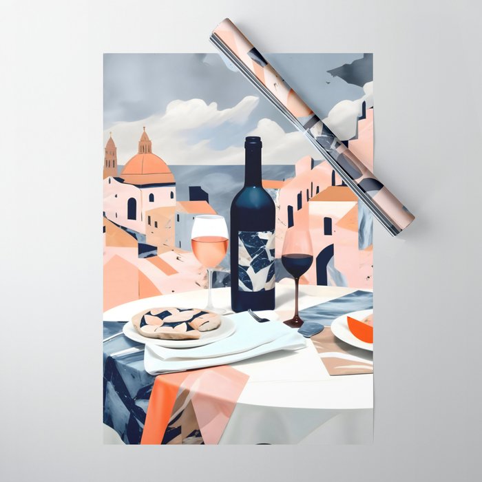 Lunch in Italy, Travel Italian Marble Abstract, Landscape Blush Indigo Texture, Wine Cheese Boho Food Table, Architecture Buildings Graphic Eclectic Painting Wrapping Paper Gallery Image 1