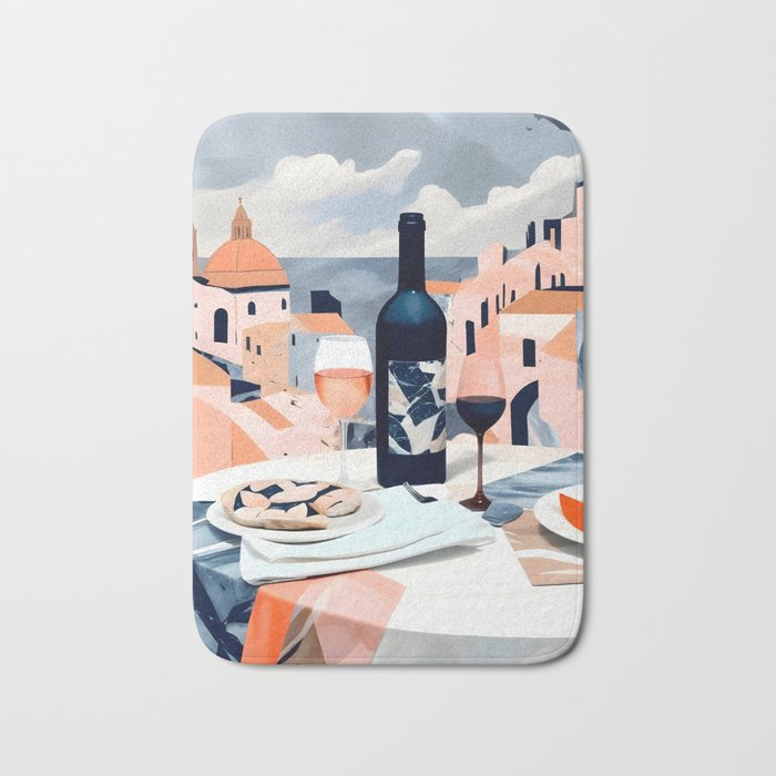 Lunch in Italy, Travel Italian Marble Abstract, Landscape Blush Indigo Texture, Wine Cheese Boho Food Table, Architecture Buildings Graphic Eclectic Painting Bath Mat Gallery Image 1