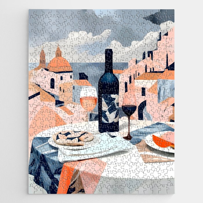Lunch in Italy, Travel Italian Marble Abstract, Landscape Blush Indigo Texture, Wine Cheese Boho Food Table, Architecture Buildings Graphic Eclectic Painting Jigsaw Puzzle Gallery Image 1