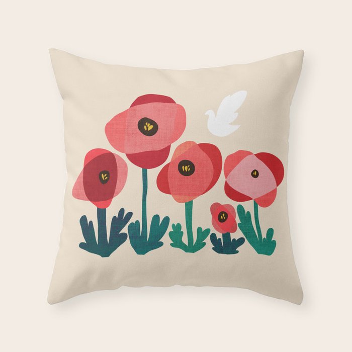 Poppy flowers and bird Throw Pillow Gallery Image 6