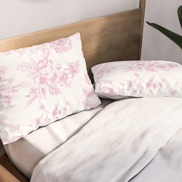 Toile de Jouy Pink Vintage French Floral Pillow Sham Gallery Image 2