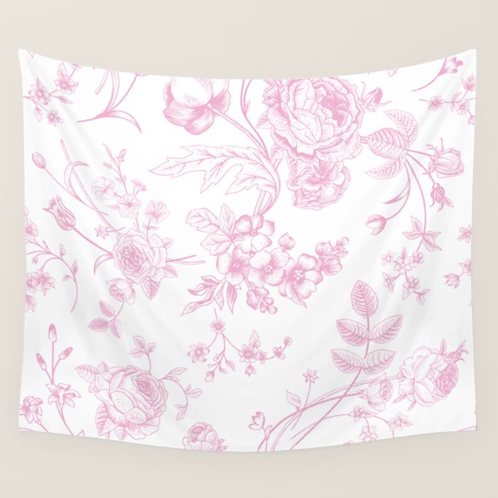 Toile de Jouy Pink Vintage French Floral Wall Tapestry Gallery Image 1