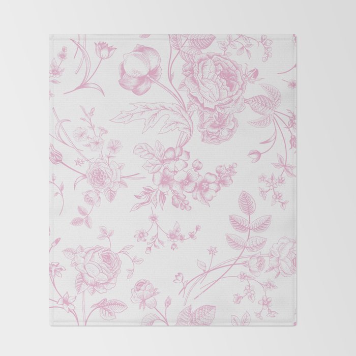 Toile de Jouy Pink Vintage French Floral Throw Blanket Gallery Image 2