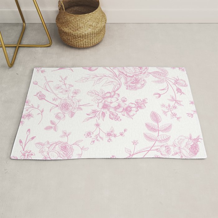 Toile de Jouy Pink Vintage French Floral Rug Gallery Image 1