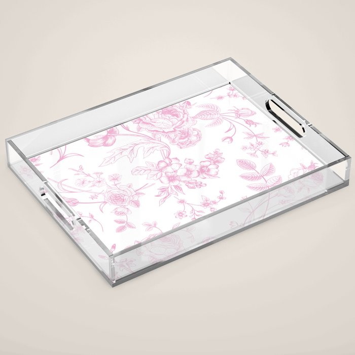 Toile de Jouy Pink Vintage French Floral Acrylic Tray Gallery Image 1