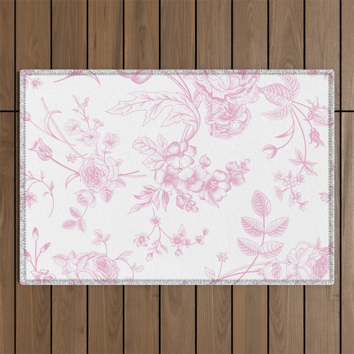 Toile de Jouy Pink Vintage French Floral Outdoor Rug Gallery Image 1