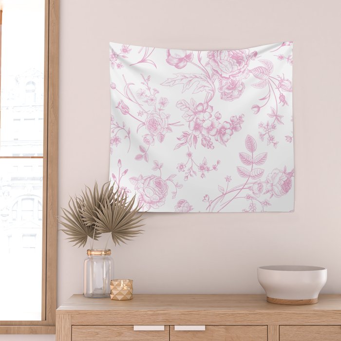 Toile de Jouy Pink Vintage French Floral Wall Tapestry Gallery Image 2