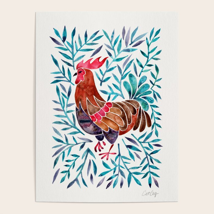 Le Coq - Watercolor Rooster with Turquoise Leaves Poster Gallery Image 1