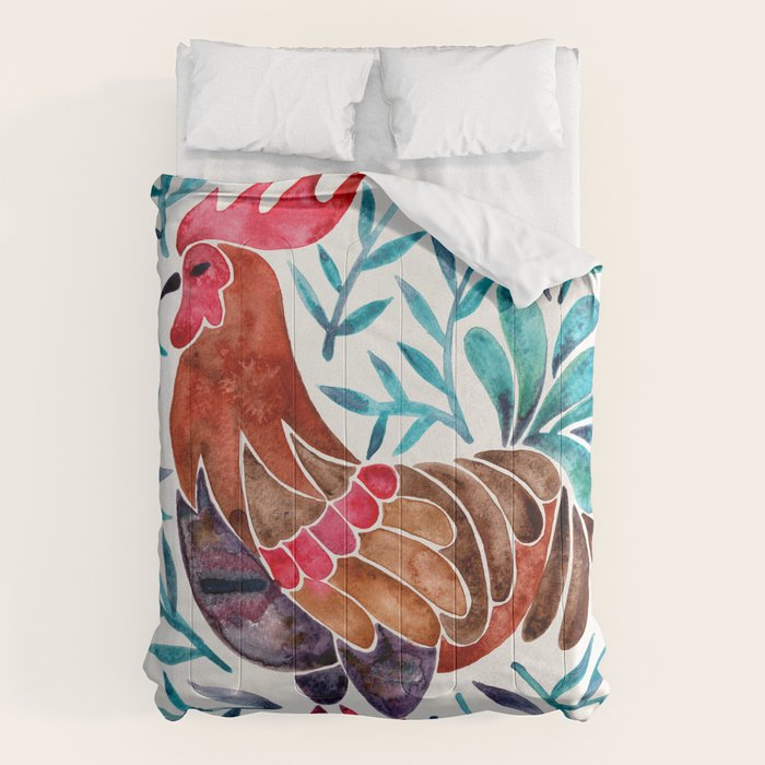 Le Coq - Watercolor Rooster with Turquoise Leaves Comforter Gallery Image 1