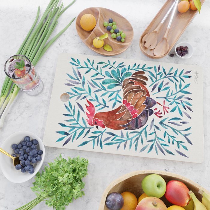 Le Coq - Watercolor Rooster with Turquoise Leaves Cutting Board Gallery Image 2