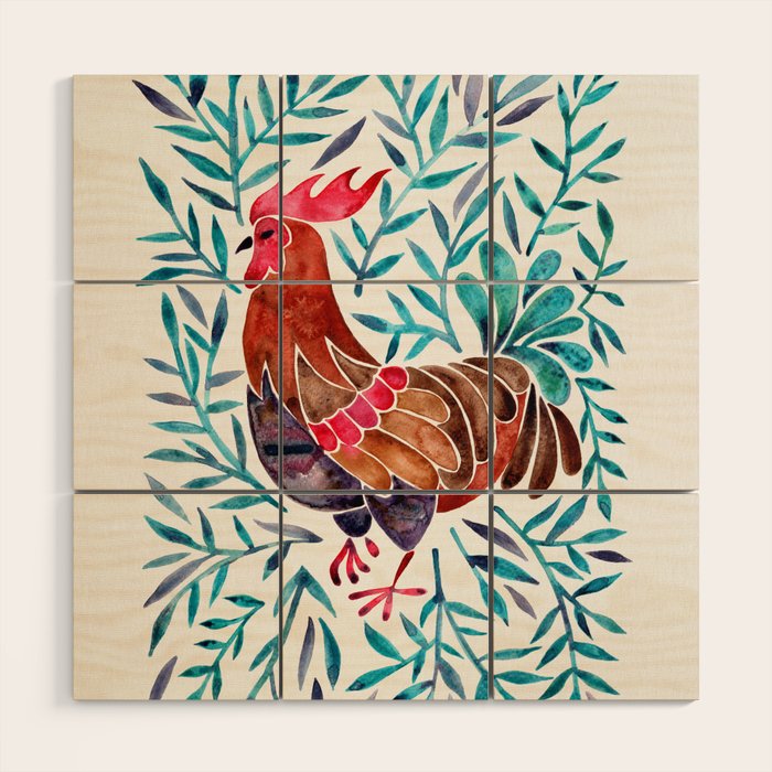 Le Coq - Watercolor Rooster with Turquoise Leaves Wood Wall Art Gallery Image 1