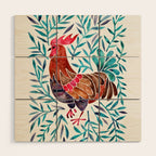 Le Coq - Watercolor Rooster with Turquoise Leaves Wood Wall Art Gallery Image 1