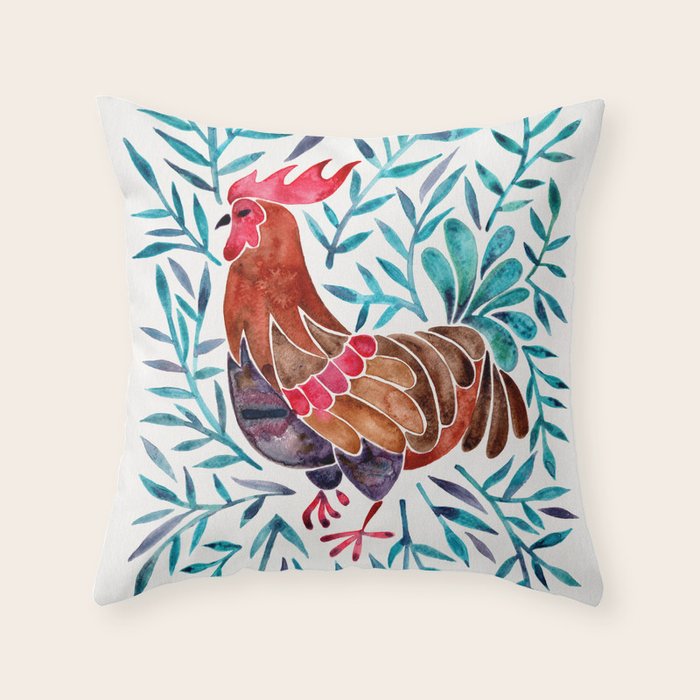 Le Coq - Watercolor Rooster with Turquoise Leaves Throw Pillow Gallery Image 6