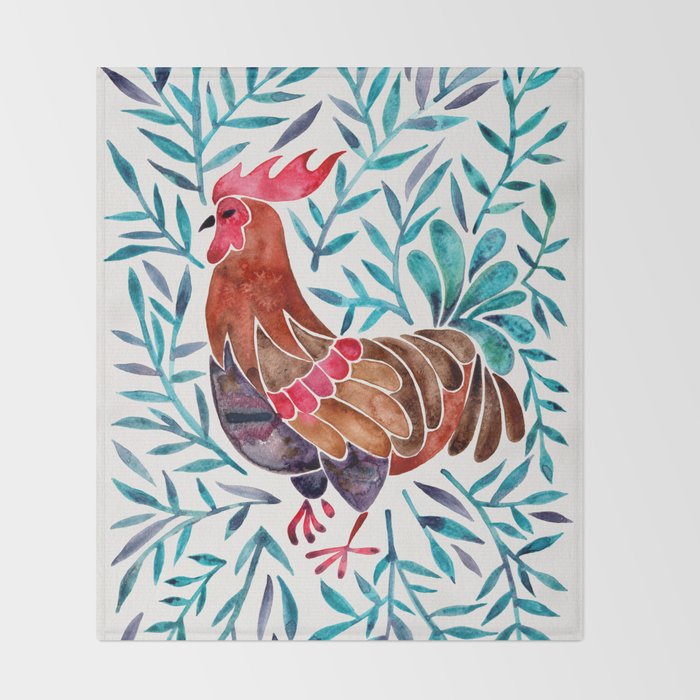 Le Coq - Watercolor Rooster with Turquoise Leaves Throw Blanket Gallery Image 2