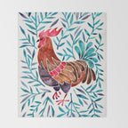 Le Coq - Watercolor Rooster with Turquoise Leaves Throw Blanket Gallery Image 2