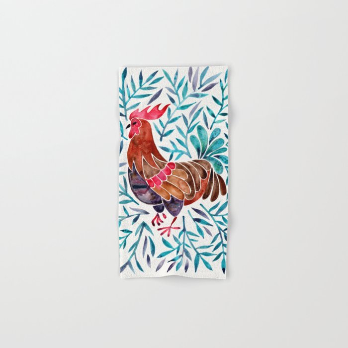 Le Coq - Watercolor Rooster with Turquoise Leaves Bath Towel Gallery Image 1