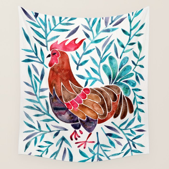 Le Coq - Watercolor Rooster with Turquoise Leaves Wall Tapestry Gallery Image 1