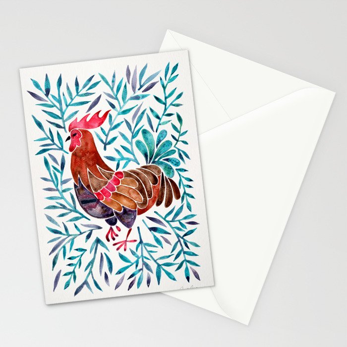 Le Coq - Watercolor Rooster with Turquoise Leaves Stationery Card Gallery Image 2