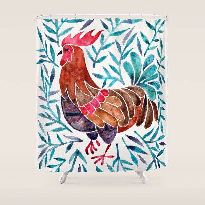 Le Coq - Watercolor Rooster with Turquoise Leaves Shower Curtain Gallery Image 1