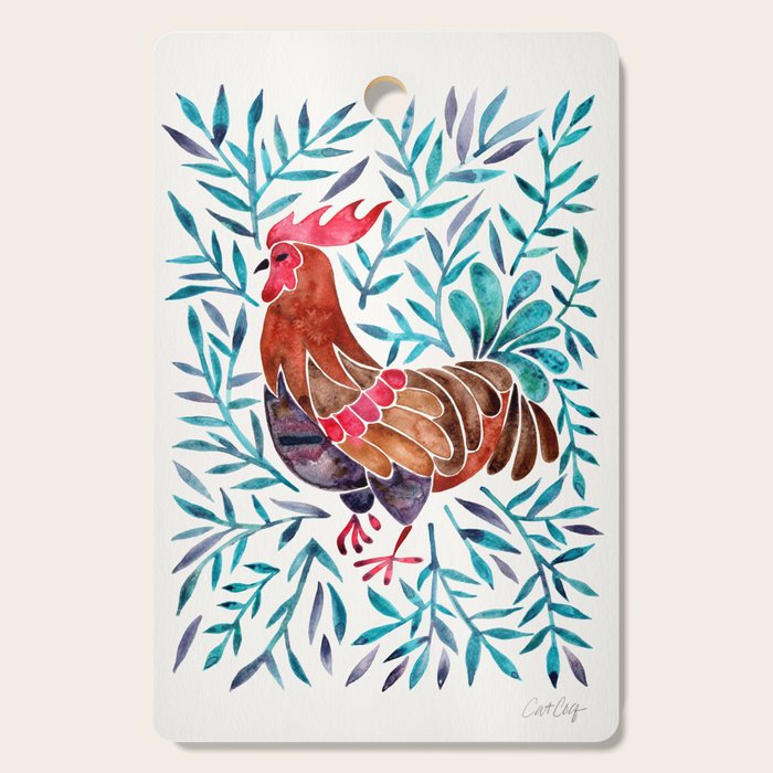 Le Coq - Watercolor Rooster with Turquoise Leaves Cutting Board Gallery Image 1