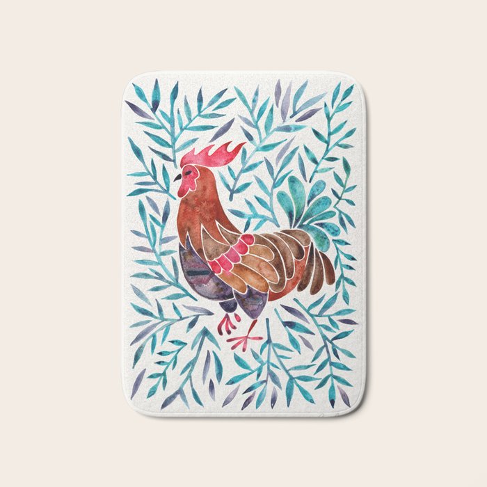 Le Coq - Watercolor Rooster with Turquoise Leaves Bath Mat Gallery Image 1