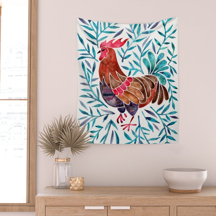 Le Coq - Watercolor Rooster with Turquoise Leaves Wall Tapestry Gallery Image 2