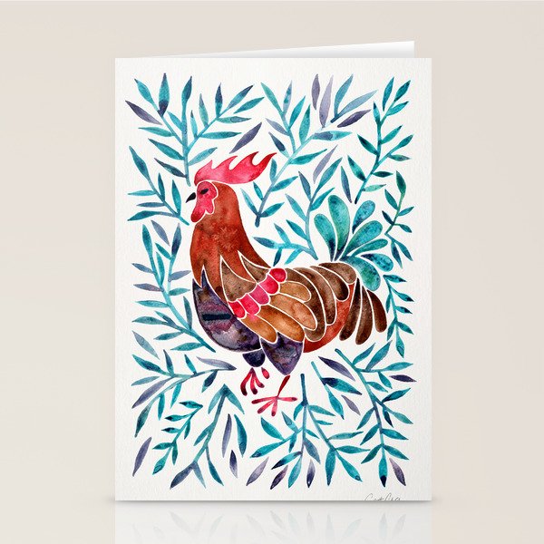 Le Coq - Watercolor Rooster with Turquoise Leaves Stationery Card Gallery Image 1