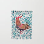 Le Coq - Watercolor Rooster with Turquoise Leaves Wall Hanging Gallery Image 1