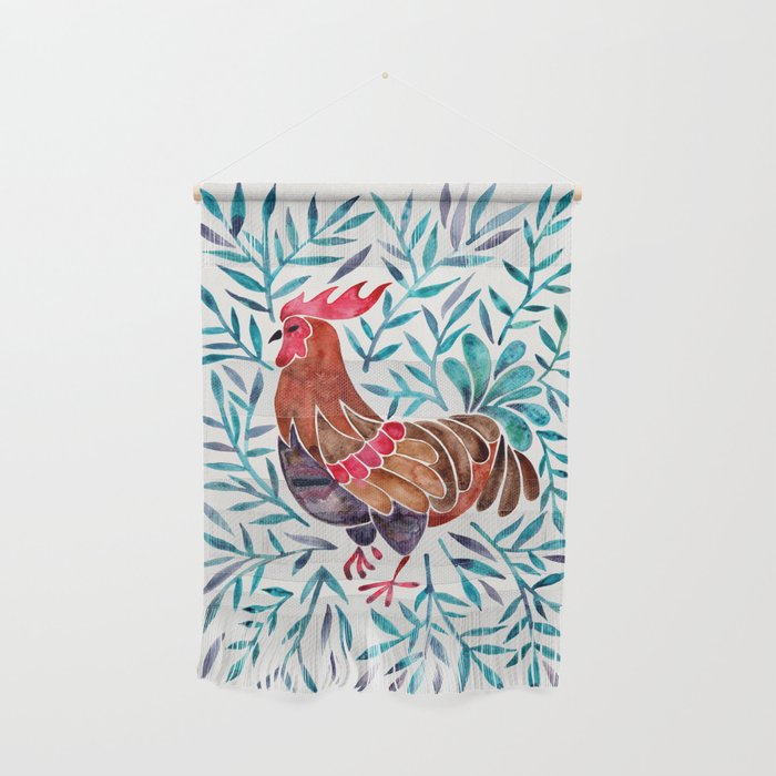 Le Coq - Watercolor Rooster with Turquoise Leaves Wall Hanging Gallery Image 1