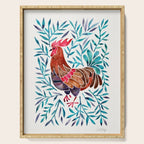 Le Coq - Watercolor Rooster with Turquoise Leaves Serving Tray Gallery Image 1