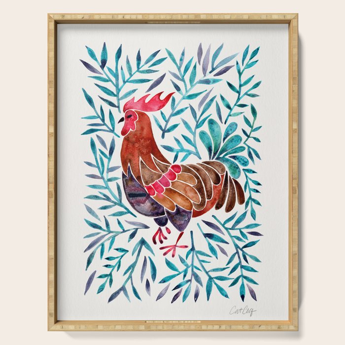 Le Coq - Watercolor Rooster with Turquoise Leaves Serving Tray Gallery Image 1
