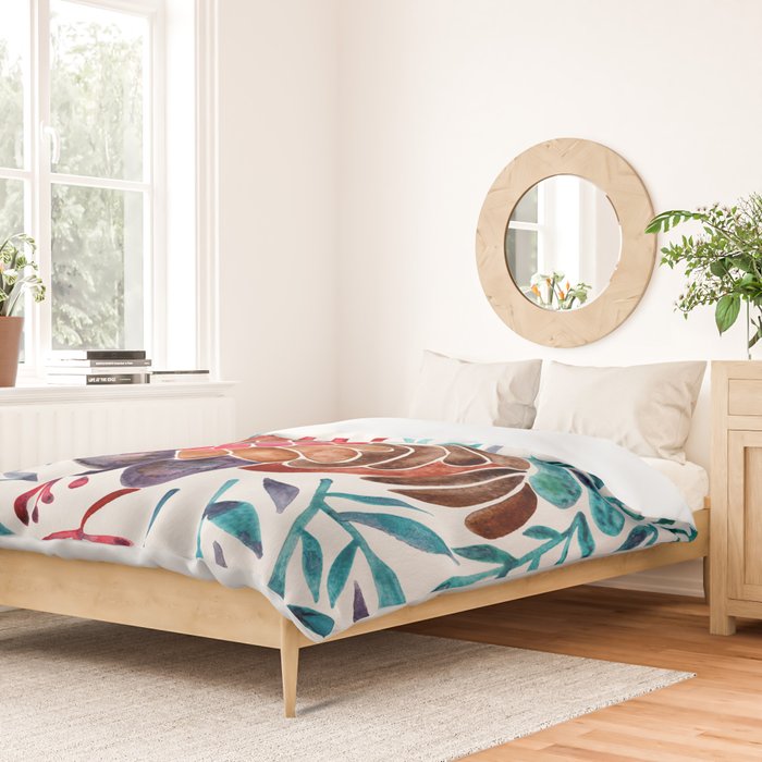 Le Coq - Watercolor Rooster with Turquoise Leaves Duvet Cover Gallery Image 2
