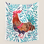 Le Coq - Watercolor Rooster with Turquoise Leaves Wall Tapestry Gallery Image 4