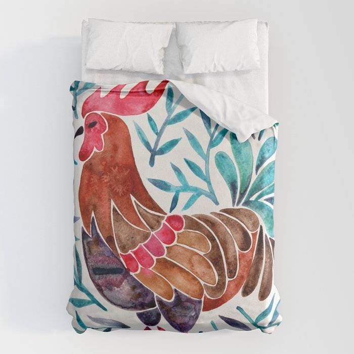 Le Coq - Watercolor Rooster with Turquoise Leaves Duvet Cover Gallery Image 6