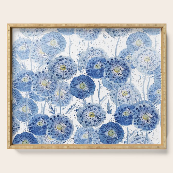 blue indigo dandelion pattern watercolor Serving Tray Gallery Image 1