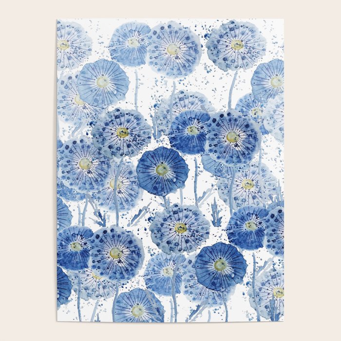 blue indigo dandelion pattern watercolor Poster Gallery Image 4