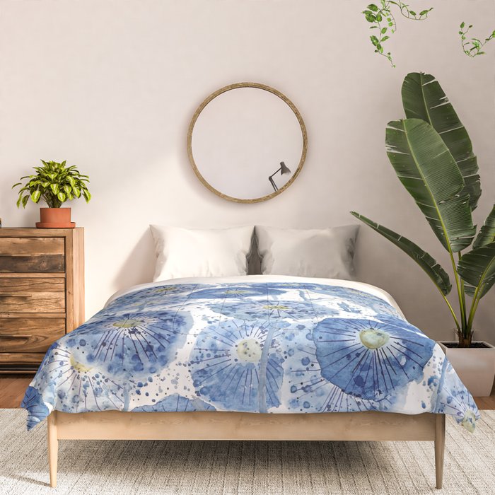 blue indigo dandelion pattern watercolor Comforter Gallery Image 3