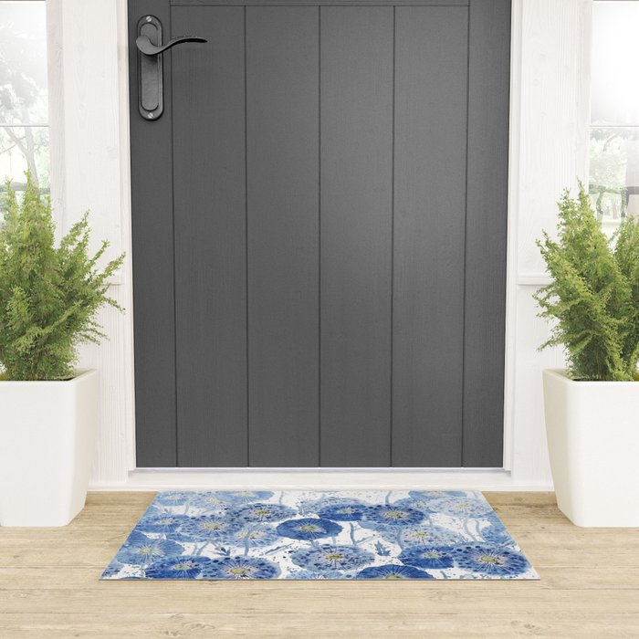 blue indigo dandelion pattern watercolor Welcome Mat Gallery Image 3