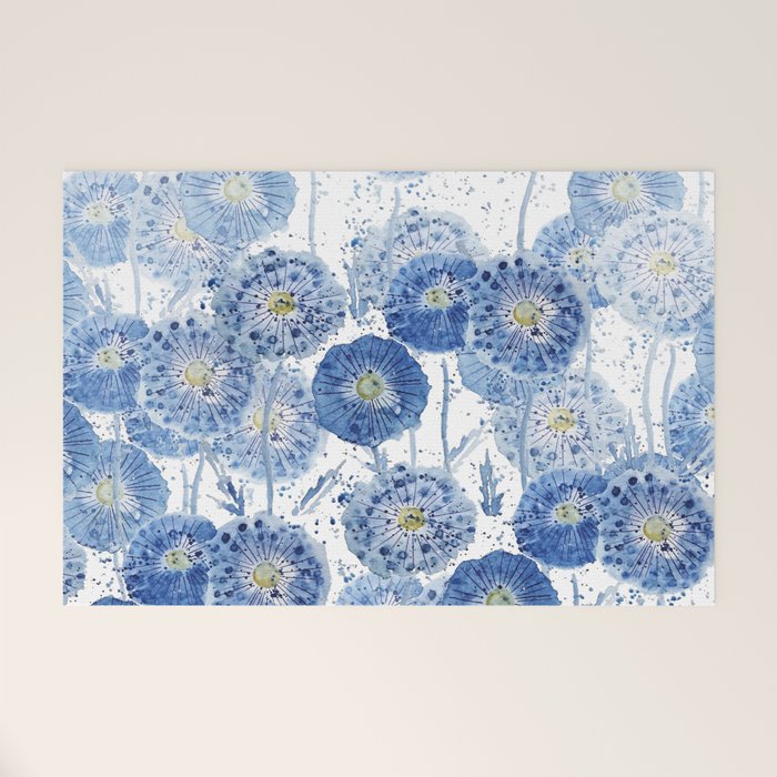 blue indigo dandelion pattern watercolor Welcome Mat Gallery Image 1