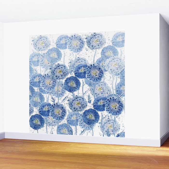 blue indigo dandelion pattern watercolor Wall Mural Gallery Image 2