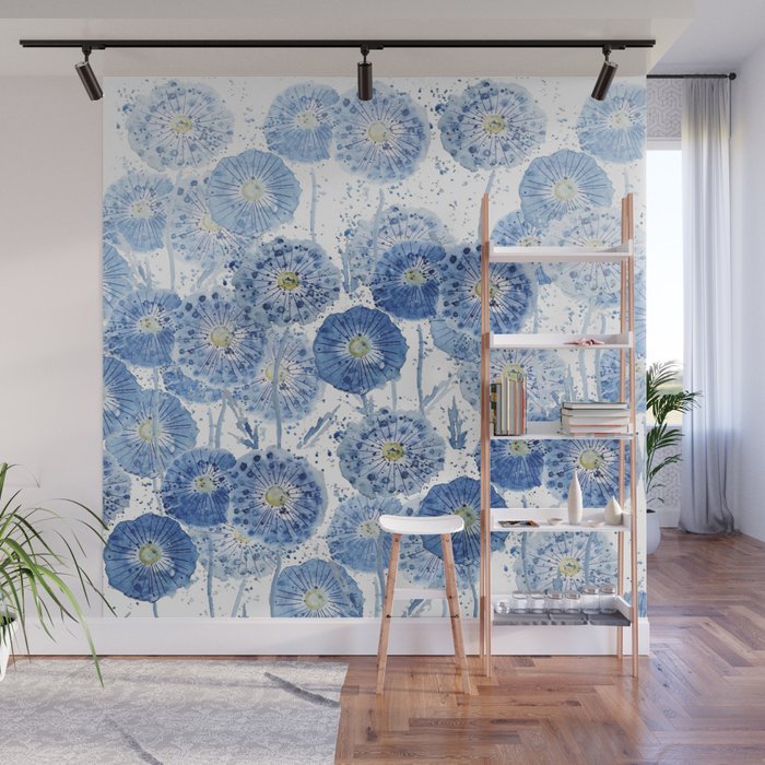 blue indigo dandelion pattern watercolor Wall Mural Gallery Image 1