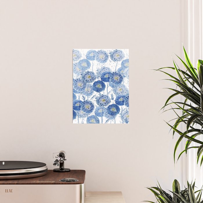 blue indigo dandelion pattern watercolor Poster Gallery Image 2
