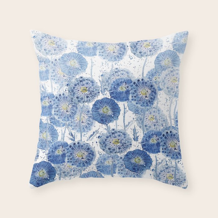 blue indigo dandelion pattern watercolor Throw Pillow Gallery Image 6