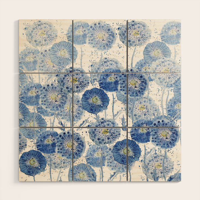 blue indigo dandelion pattern watercolor Wood Wall Art Gallery Image 1