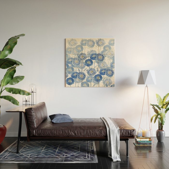 blue indigo dandelion pattern watercolor Wood Wall Art Gallery Image 2