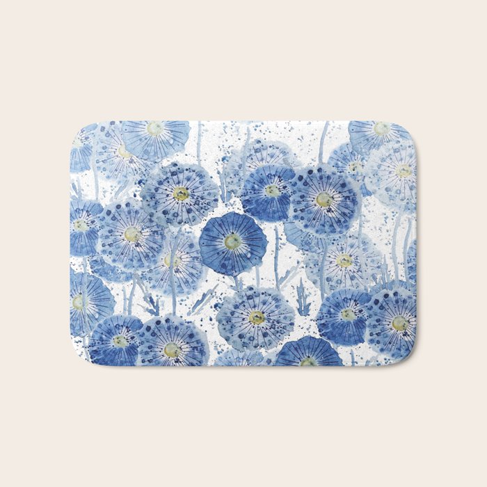blue indigo dandelion pattern watercolor Bath Mat Gallery Image 1