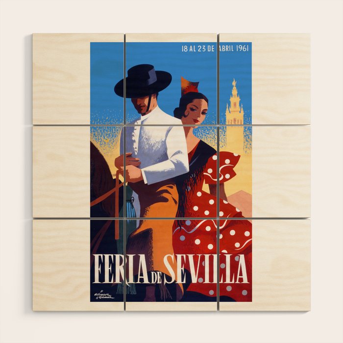 1961 SPAIN Feria De Sevilla Poster Wood Wall Art Gallery Image 1