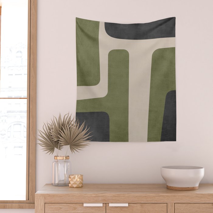 Olive Green Black Abstract Modern Artwork Wall Tapestry Gallery Image 2
