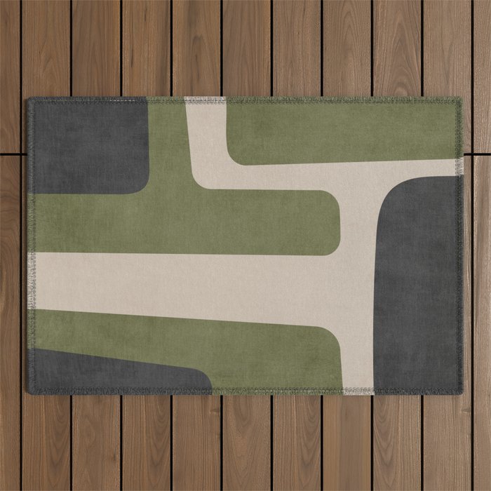 Olive Green Black Abstract Modern Artwork Outdoor Rug Gallery Image 1